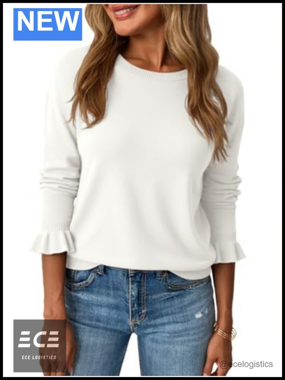 Saodimallsu Womens Fall Crew Neck Sweater Ruffle Long Sleeve Soft Knit Pullover
